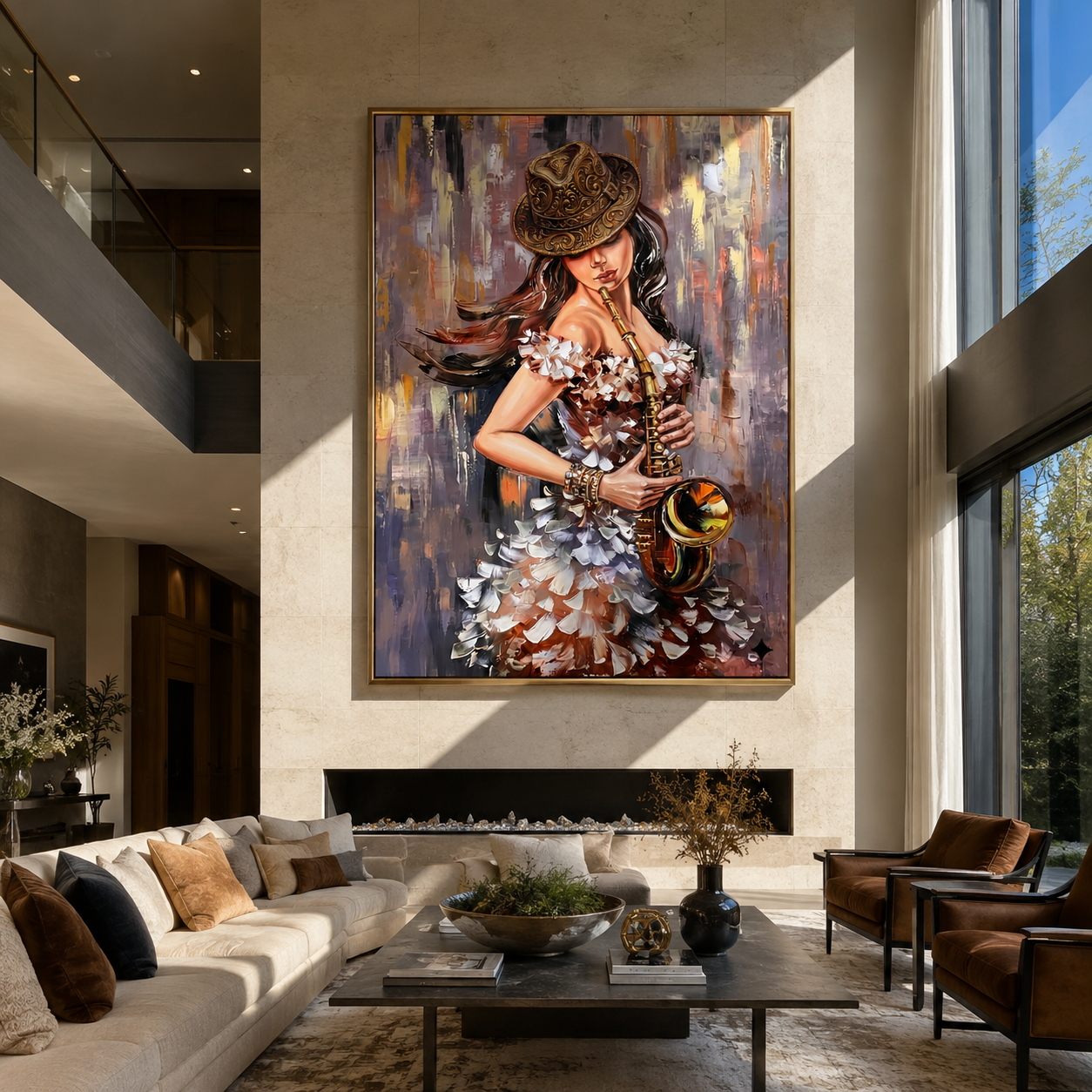 Saxophone Meets Feathered Light - woman with saxophone by Marcus Lau, Retro Modern vertical wall art – styled room scene view 1