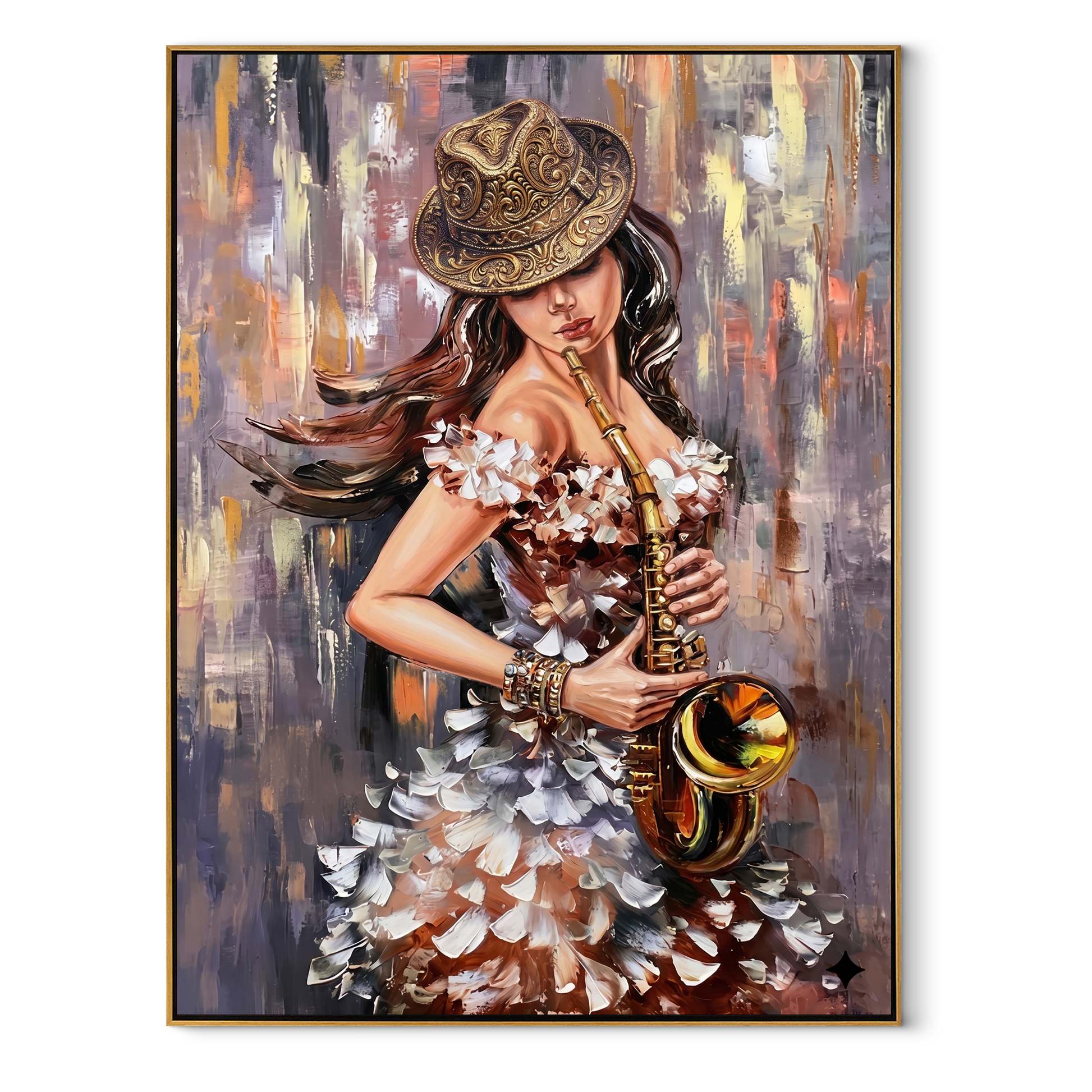 Saxophone Meets Feathered Light - woman with saxophone by Marcus Lau, Retro Modern vertical wall art – wood frame on white background