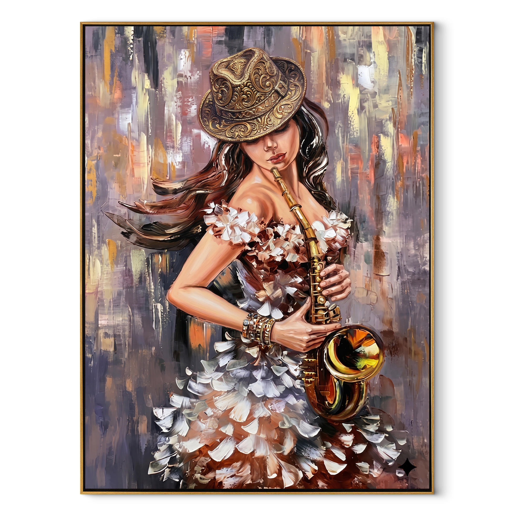 Saxophone Meets Feathered Light - woman with saxophone by Marcus Lau, Retro Modern vertical wall art – wood frame on white background