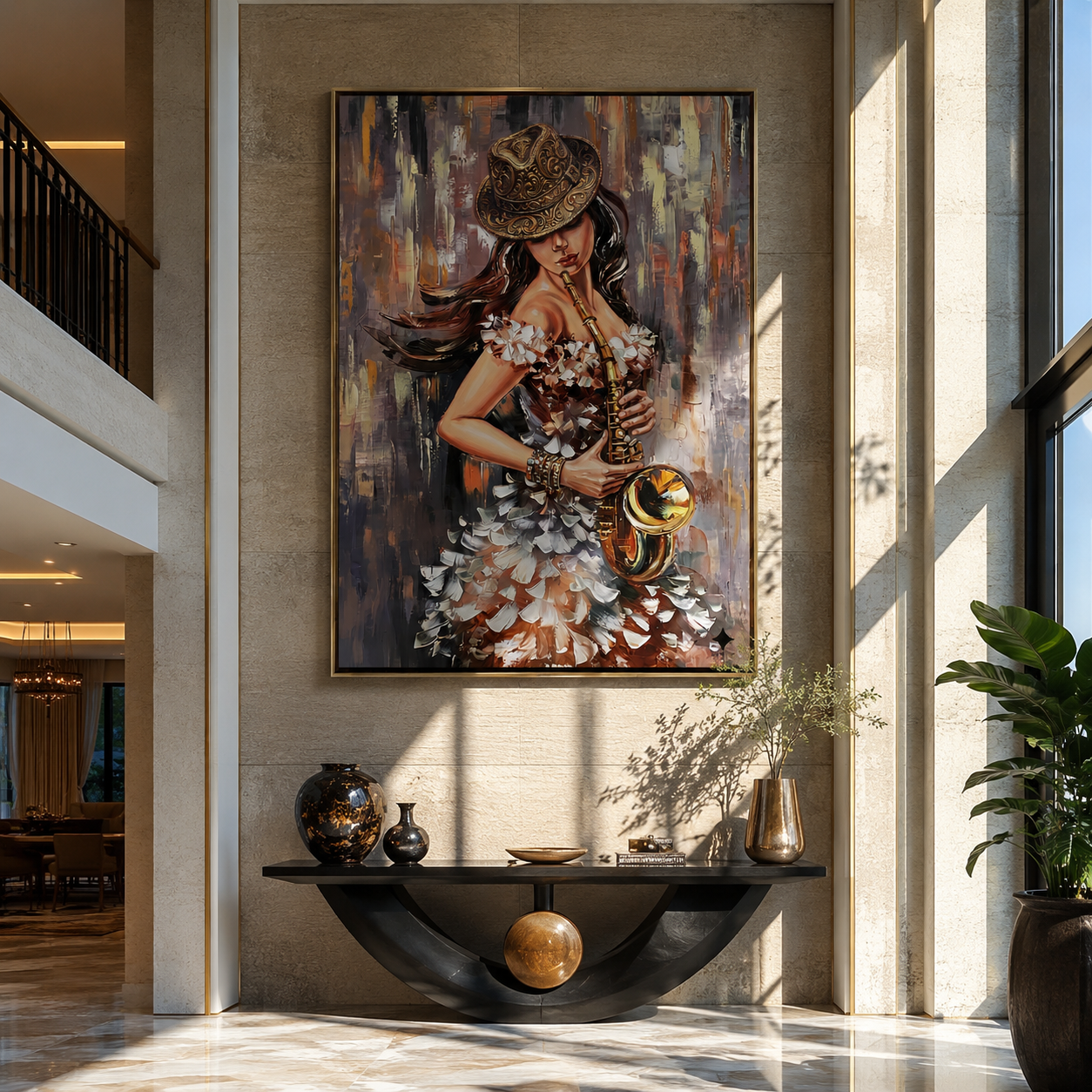 Saxophone Meets Feathered Light - woman with saxophone by Marcus Lau, Retro Modern vertical wall art – styled room scene view 2