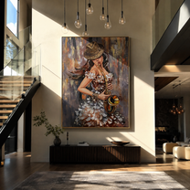 Saxophone Meets Feathered Light - woman with saxophone by Marcus Lau, Retro Modern vertical wall art – styled room scene view 3