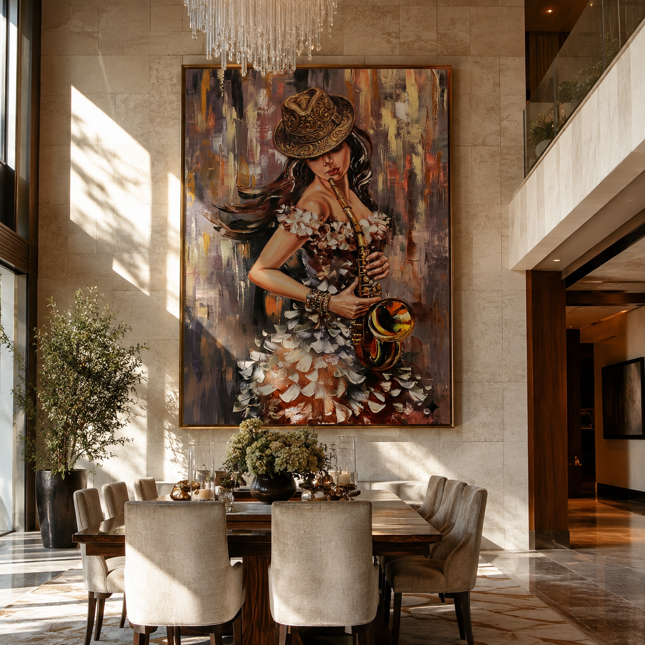 Saxophone Meets Feathered Light - woman with saxophone by Marcus Lau, Retro Modern vertical wall art – styled room scene view 4
