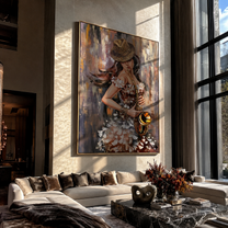 Saxophone Meets Feathered Light - woman with saxophone by Marcus Lau, Retro Modern vertical wall art – styled room scene view 5