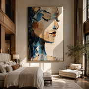Profiles Meet Through Blue - layered couple profiles by Marcus Lau, Retro Modern vertical wall art – styled room scene view 1