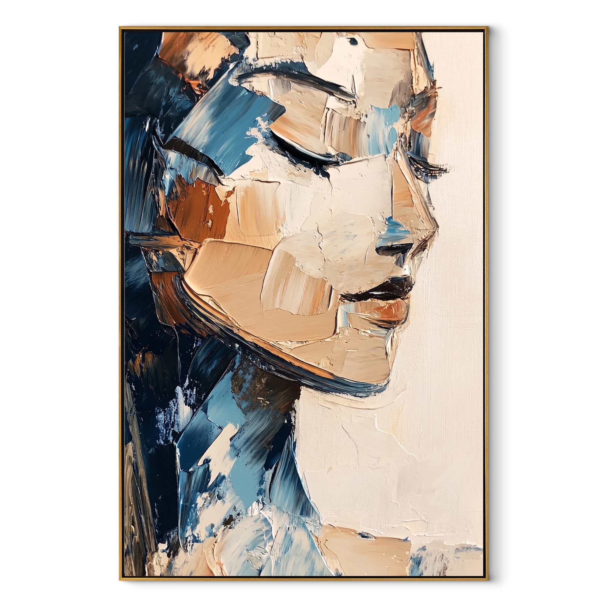 Profiles Meet Through Blue - layered couple profiles by Marcus Lau, Retro Modern vertical wall art – wood frame on white background