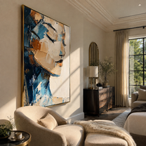 Profiles Meet Through Blue - layered couple profiles by Marcus Lau, Retro Modern vertical wall art – styled room scene view 2
