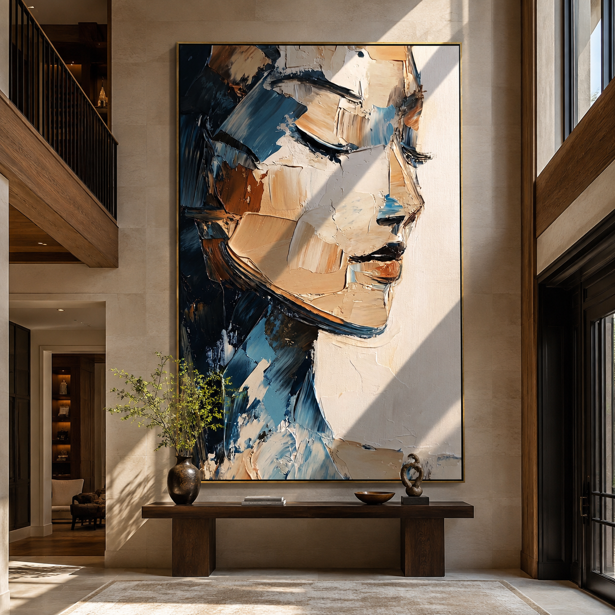 Profiles Meet Through Blue - layered couple profiles by Marcus Lau, Retro Modern vertical wall art – styled room scene view 3