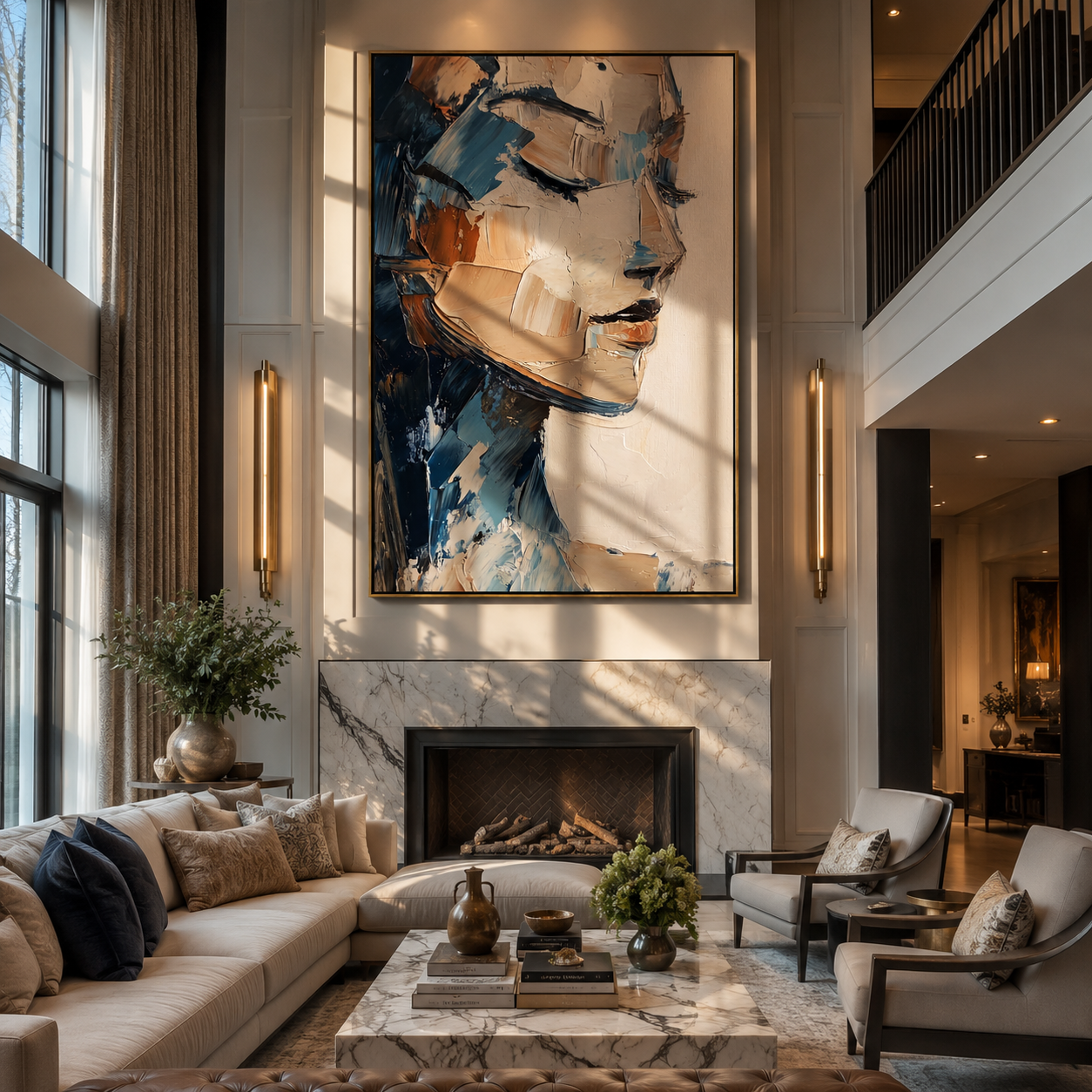 Profiles Meet Through Blue - layered couple profiles by Marcus Lau, Retro Modern vertical wall art – styled room scene view 4