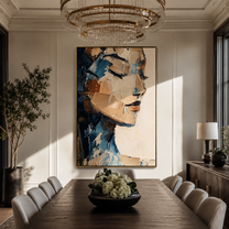 Profiles Meet Through Blue - layered couple profiles by Marcus Lau, Retro Modern vertical wall art – styled room scene view 5