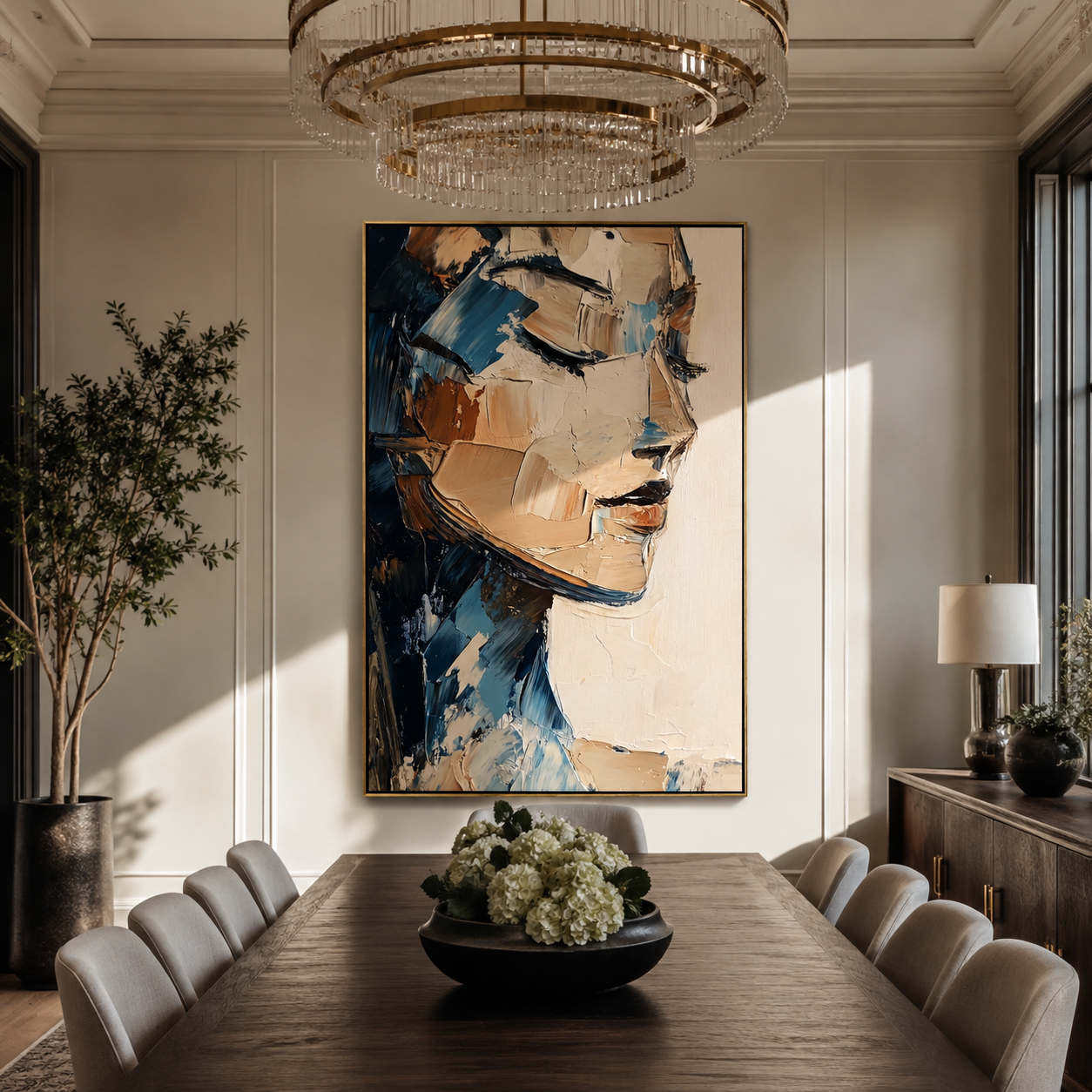 Profiles Meet Through Blue - layered couple profiles by Marcus Lau, Retro Modern vertical wall art – styled room scene view 5