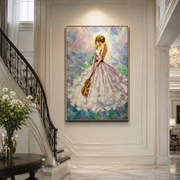 Pastel Dress Keeps Tempo - pastel woman with violin by Marcus Lau, Retro Modern vertical wall art – styled room scene view 1