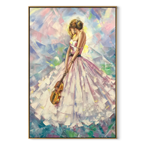 Pastel Dress Keeps Tempo - pastel woman with violin by Marcus Lau, Retro Modern vertical wall art – wood frame on white background