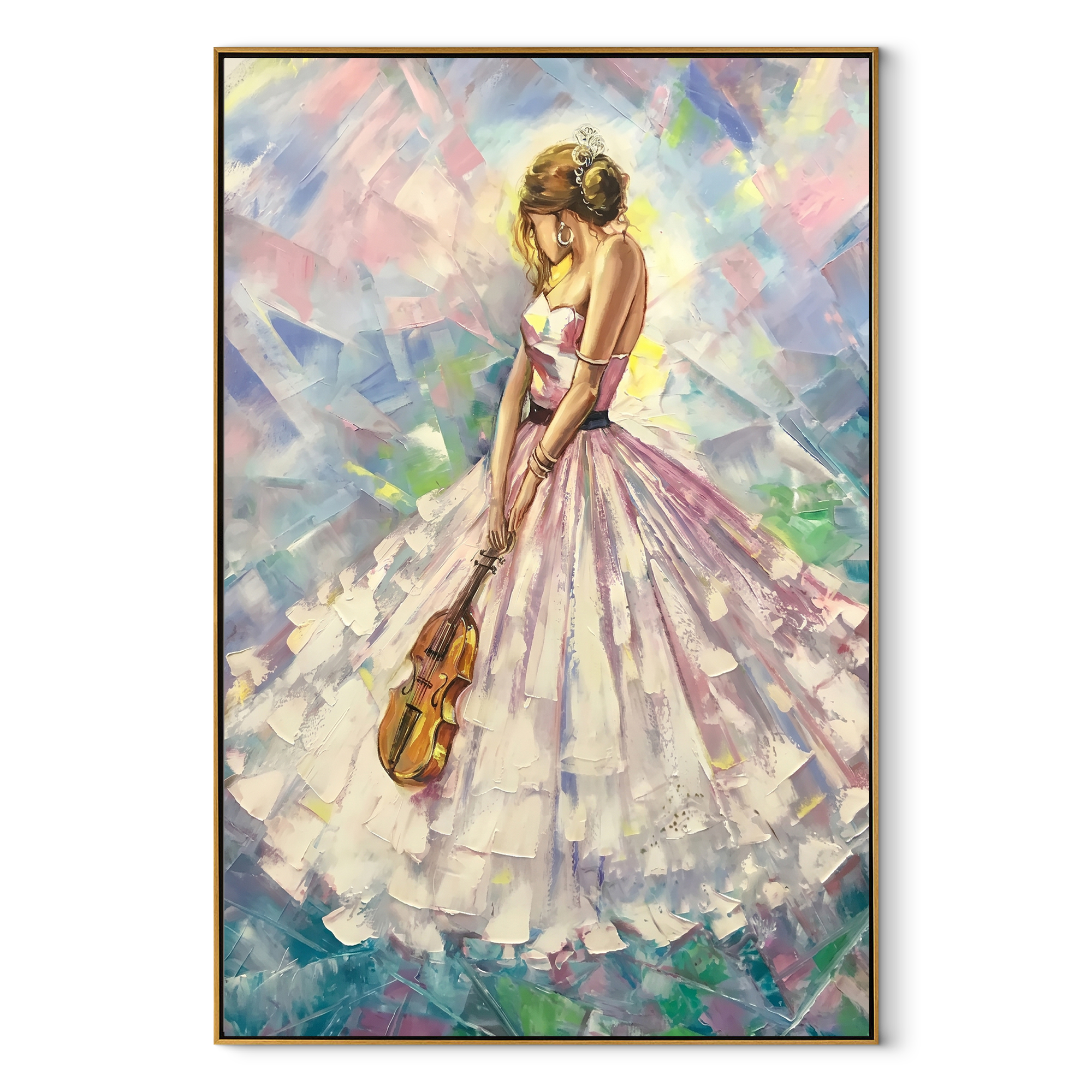 Pastel Dress Keeps Tempo - pastel woman with violin by Marcus Lau, Retro Modern vertical wall art – wood frame on white background