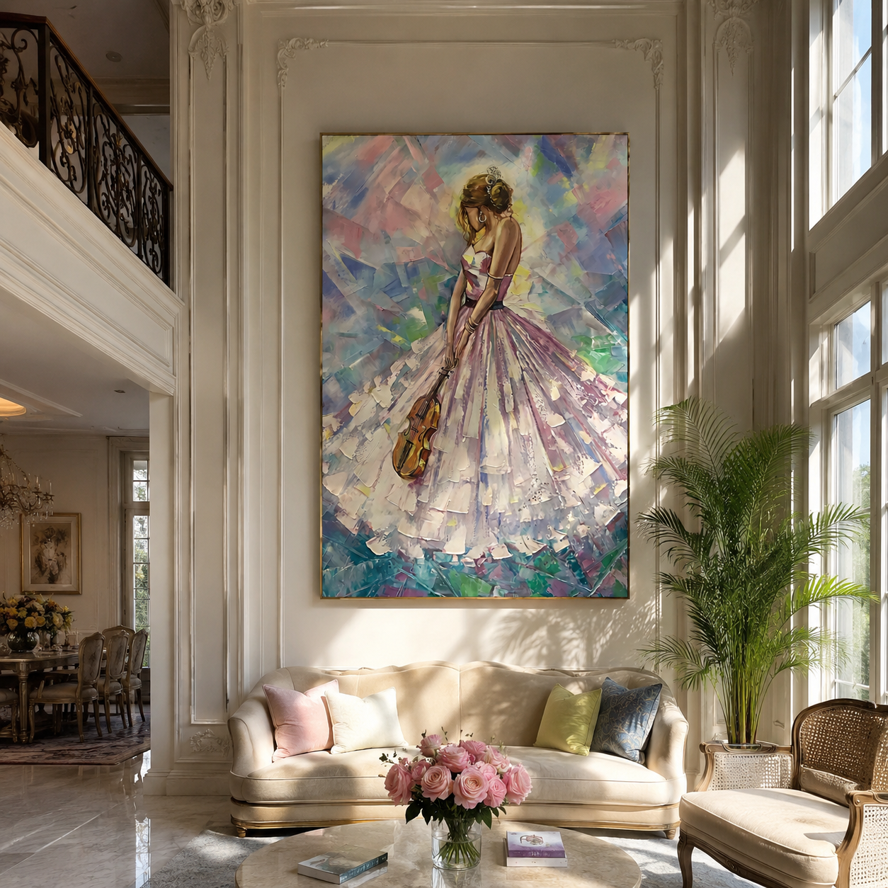 Pastel Dress Keeps Tempo - pastel woman with violin by Marcus Lau, Retro Modern vertical wall art – styled room scene view 2