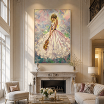Pastel Dress Keeps Tempo - pastel woman with violin by Marcus Lau, Retro Modern vertical wall art – styled room scene view 3