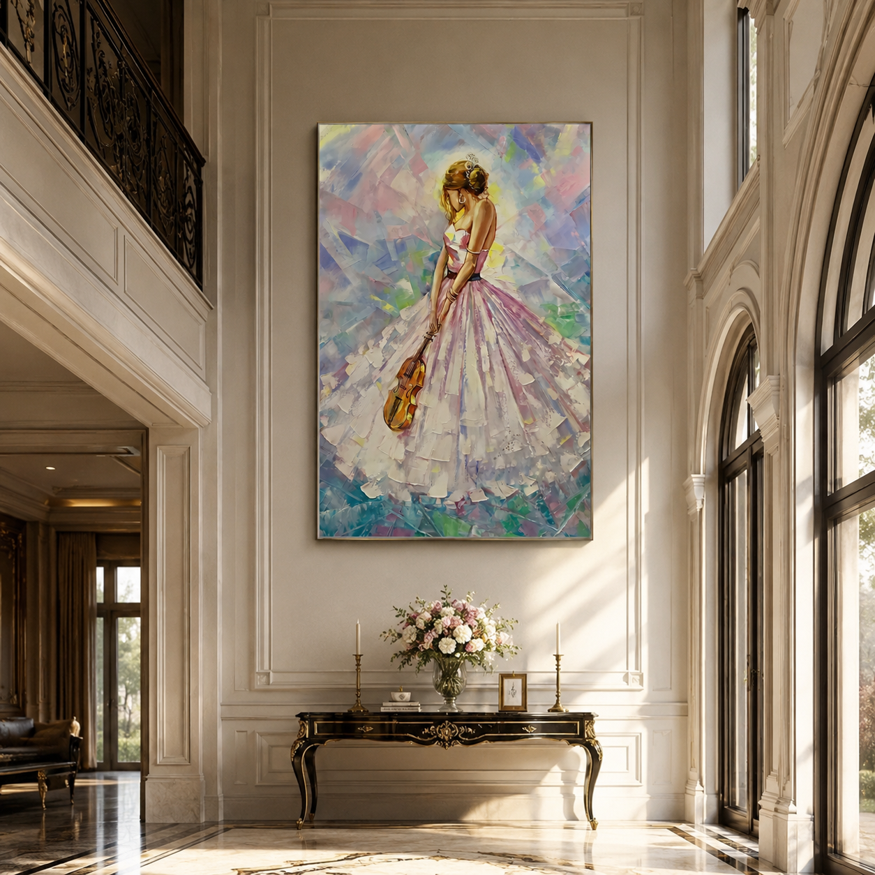 Pastel Dress Keeps Tempo - pastel woman with violin by Marcus Lau, Retro Modern vertical wall art – styled room scene view 4