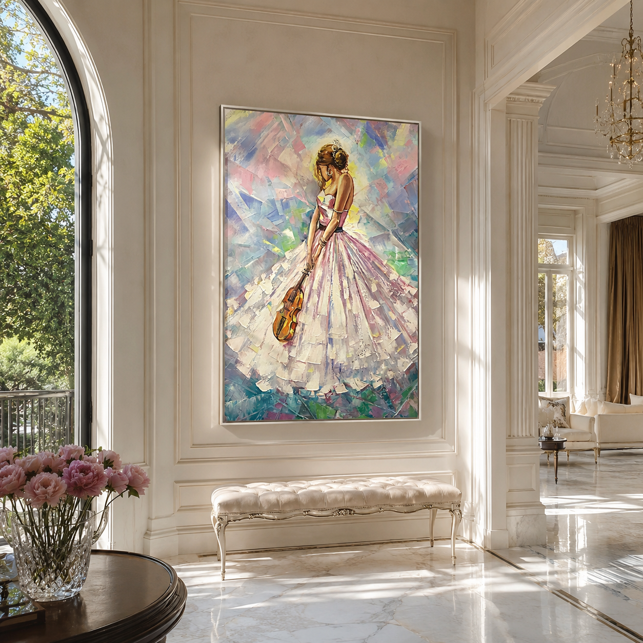Pastel Dress Keeps Tempo - pastel woman with violin by Marcus Lau, Retro Modern vertical wall art – styled room scene view 5