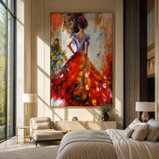 Scarlet Hem Carries Music - red gown with violin by Marcus Lau, Retro Modern vertical wall art – styled room scene view 1