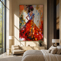 Scarlet Hem Carries Music - red gown with violin by Marcus Lau, Retro Modern vertical wall art – styled room scene view 1
