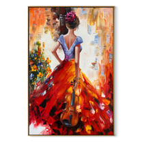 Scarlet Hem Carries Music - red gown with violin by Marcus Lau, Retro Modern vertical wall art – wood frame on white background