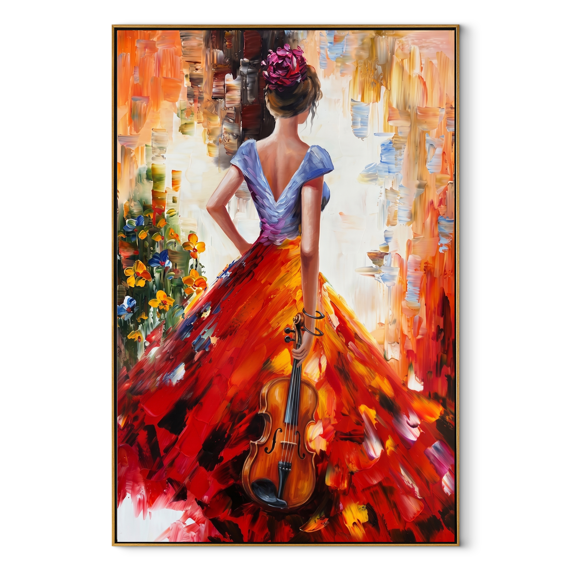 Scarlet Hem Carries Music - red gown with violin by Marcus Lau, Retro Modern vertical wall art – wood frame on white background