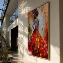 Scarlet Hem Carries Music - red gown with violin by Marcus Lau, Retro Modern vertical wall art – styled room scene view 2