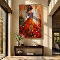 Scarlet Hem Carries Music - red gown with violin by Marcus Lau, Retro Modern vertical wall art – styled room scene view 3