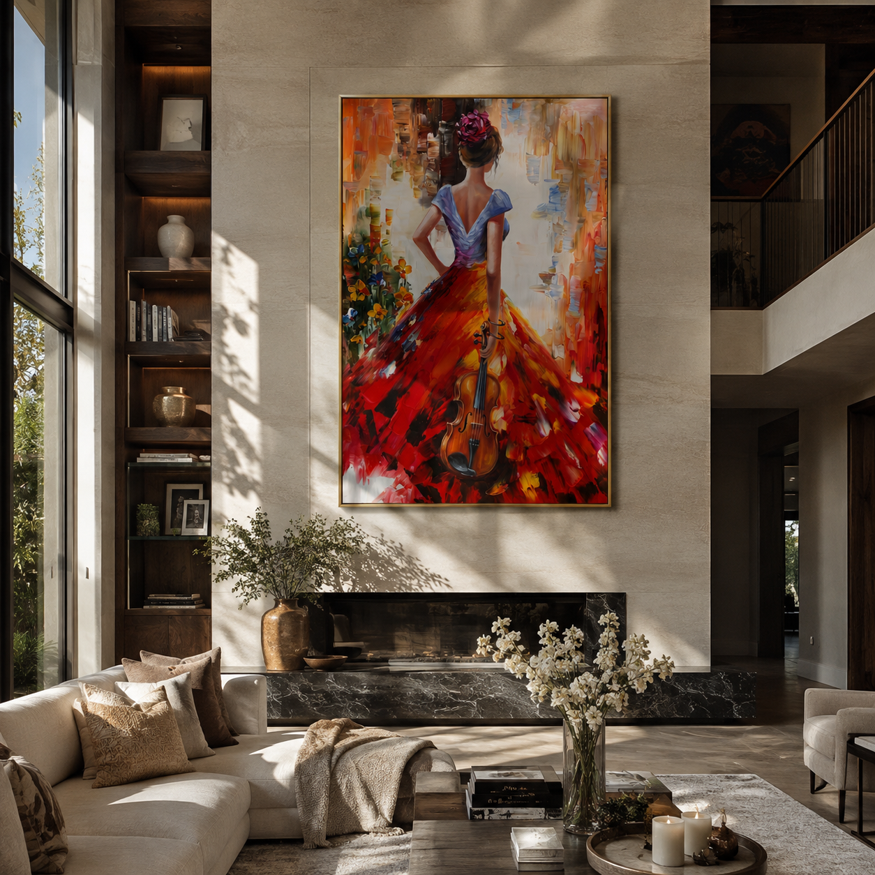 Scarlet Hem Carries Music - red gown with violin by Marcus Lau, Retro Modern vertical wall art – styled room scene view 4