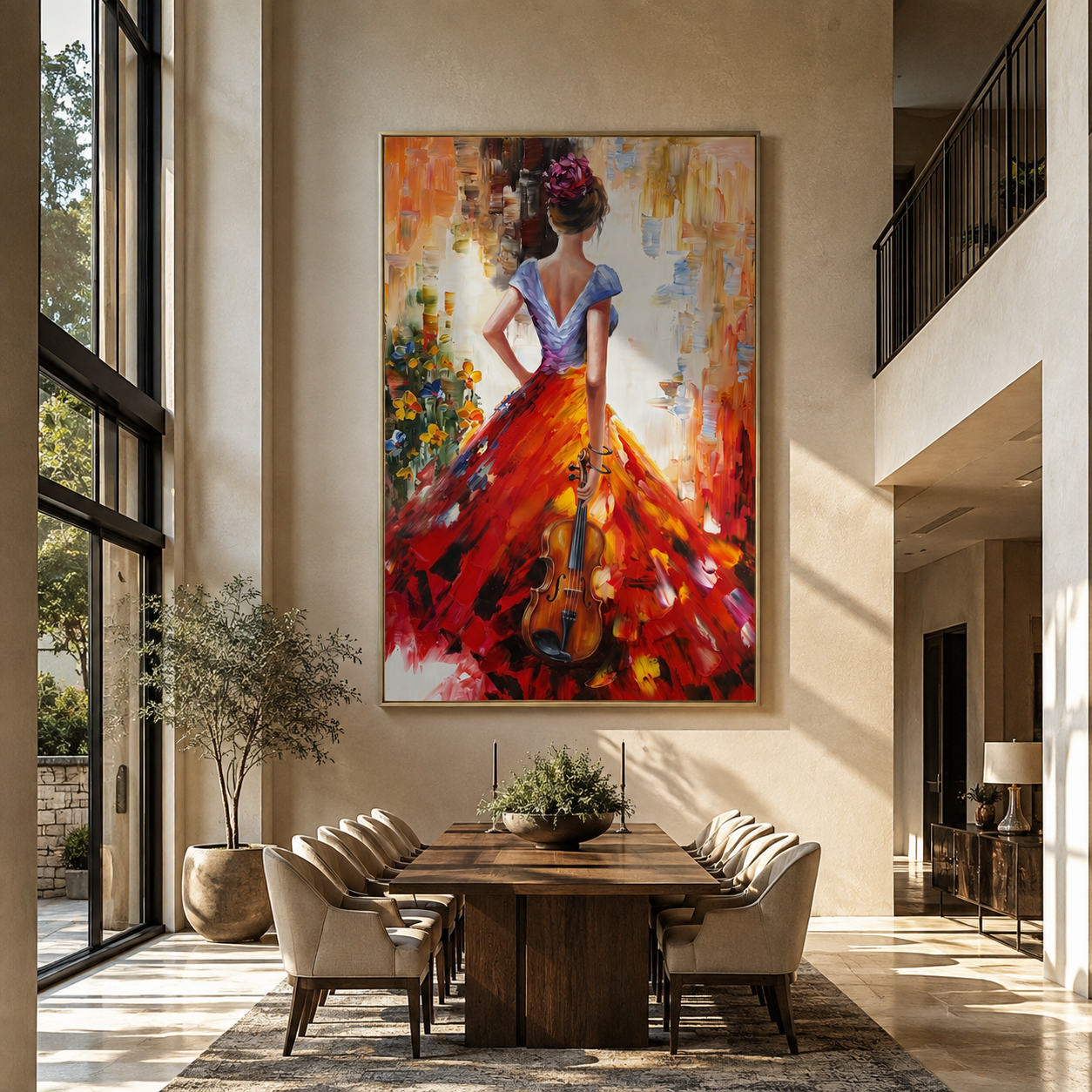 Scarlet Hem Carries Music - red gown with violin by Marcus Lau, Retro Modern vertical wall art – styled room scene view 5