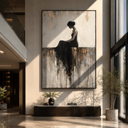 Black Dress Melts Downward - seated black dress woman by Marcus Lau, Retro Modern vertical wall art – styled room scene view 1