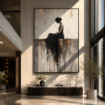 Black Dress Melts Downward - seated black dress woman by Marcus Lau, Retro Modern vertical wall art – styled room scene view 1
