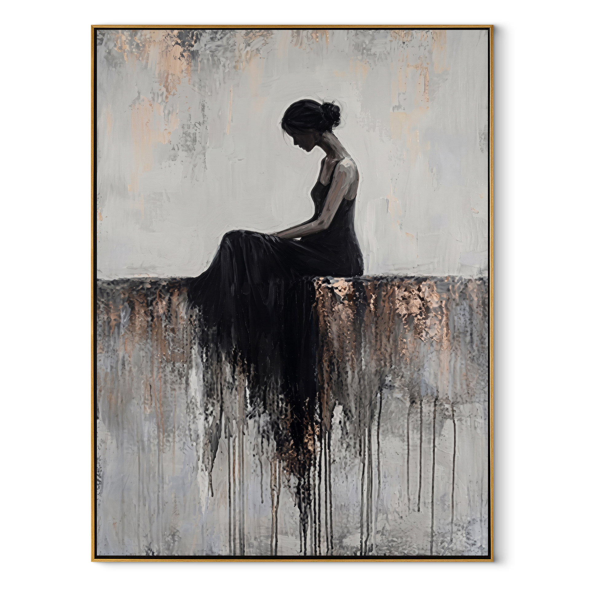 Black Dress Melts Downward - seated black dress woman by Marcus Lau, Retro Modern vertical wall art – wood frame on white background