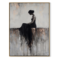 Black Dress Melts Downward - seated black dress woman by Marcus Lau, Retro Modern vertical wall art – wood frame on white background