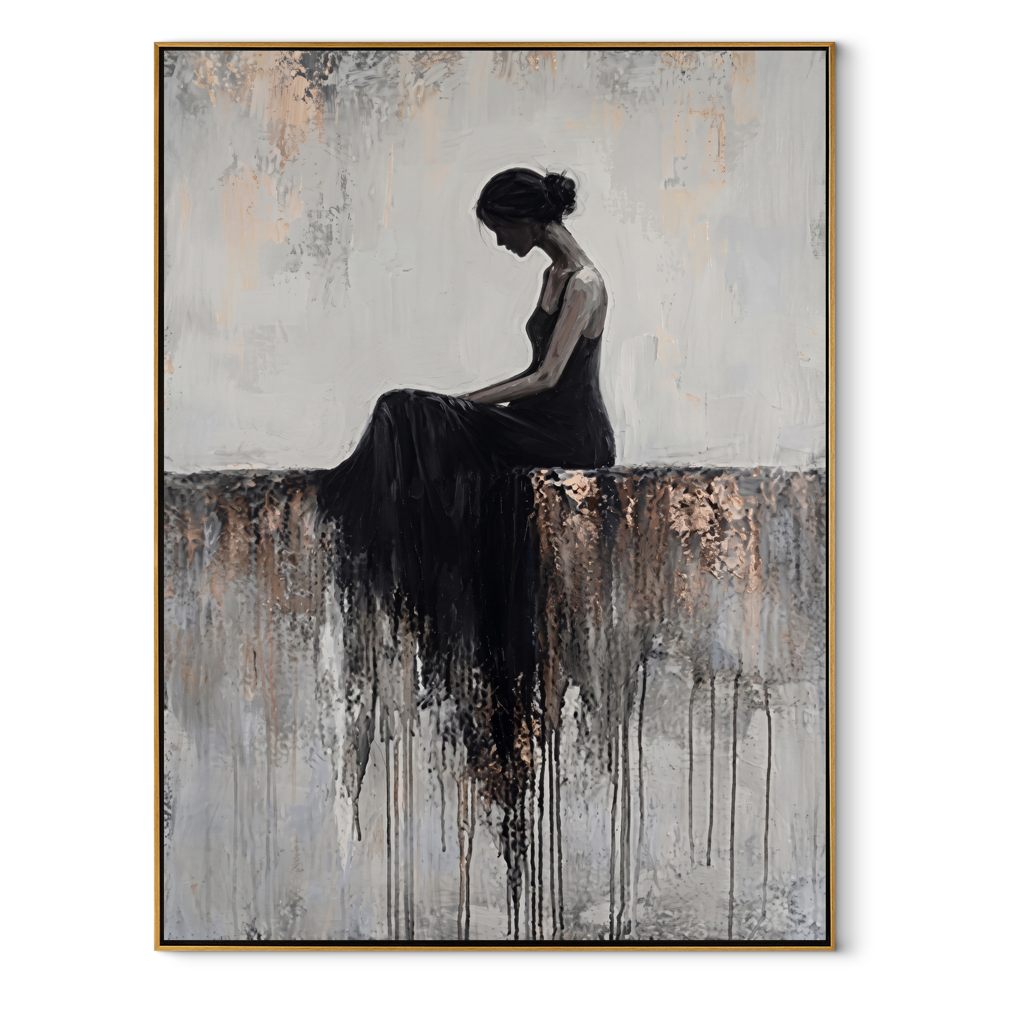 Black Dress Melts Downward - seated black dress woman by Marcus Lau, Retro Modern vertical wall art – wood frame on white background