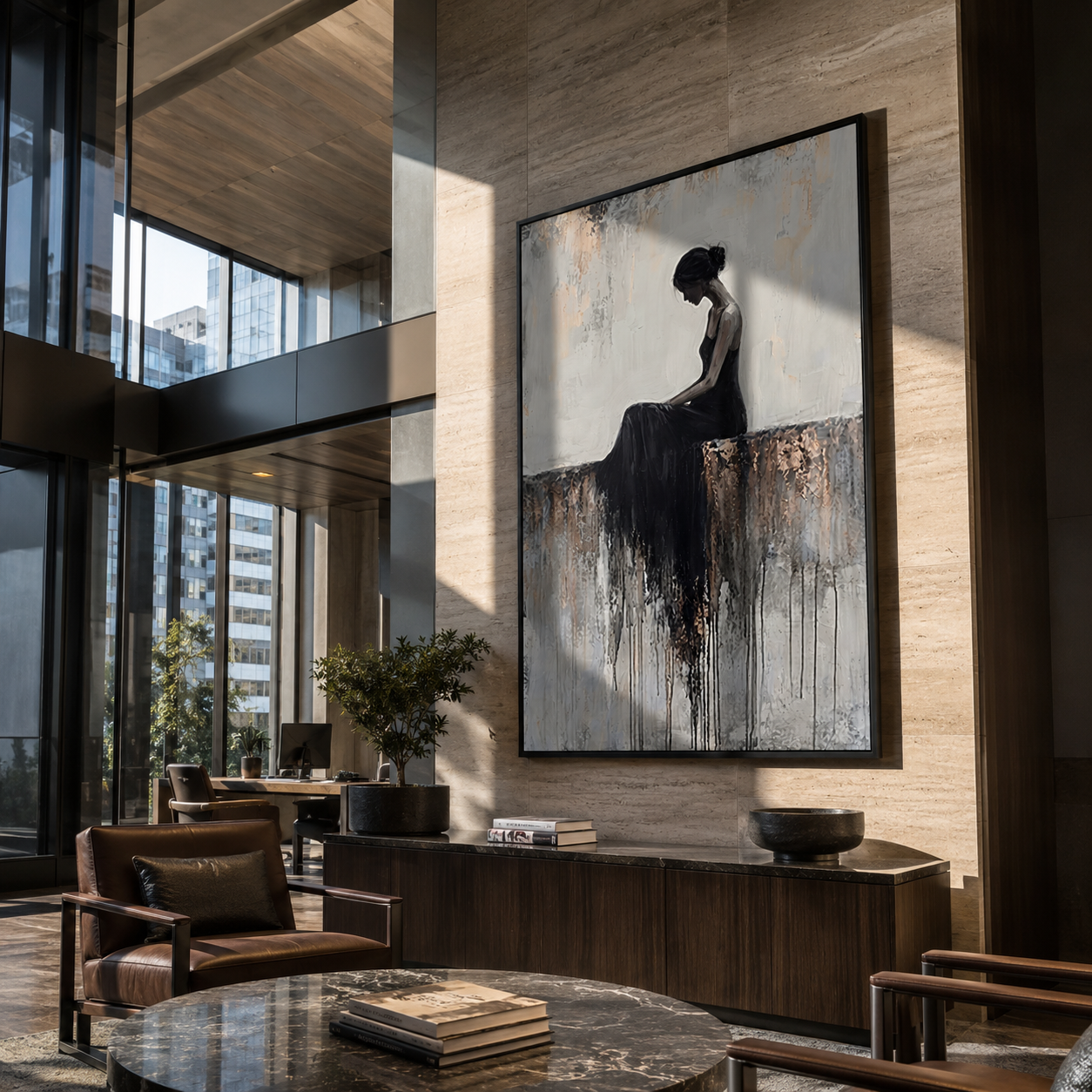 Black Dress Melts Downward - seated black dress woman by Marcus Lau, Retro Modern vertical wall art – styled room scene view 2