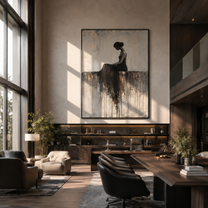 Black Dress Melts Downward - seated black dress woman by Marcus Lau, Retro Modern vertical wall art – styled room scene view 3