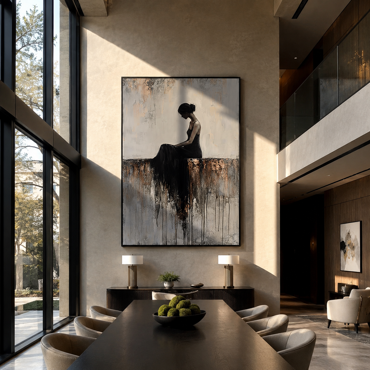 Black Dress Melts Downward - seated black dress woman by Marcus Lau, Retro Modern vertical wall art – styled room scene view 4