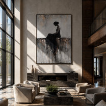 Black Dress Melts Downward - seated black dress woman by Marcus Lau, Retro Modern vertical wall art – styled room scene view 5
