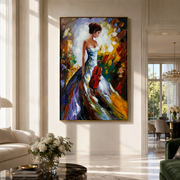 Violin Follows Painted Light - colorful woman with violin by Marcus Lau, Retro Modern vertical wall art – styled room scene view 1