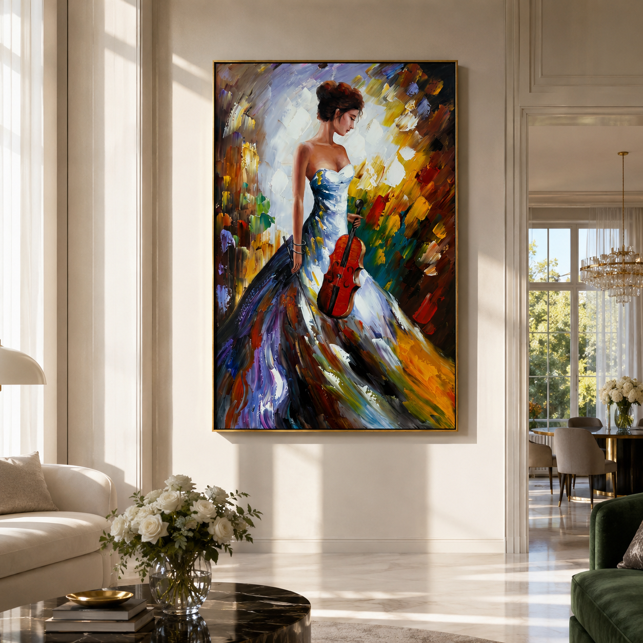 Violin Follows Painted Light - colorful woman with violin by Marcus Lau, Retro Modern vertical wall art – styled room scene view 1
