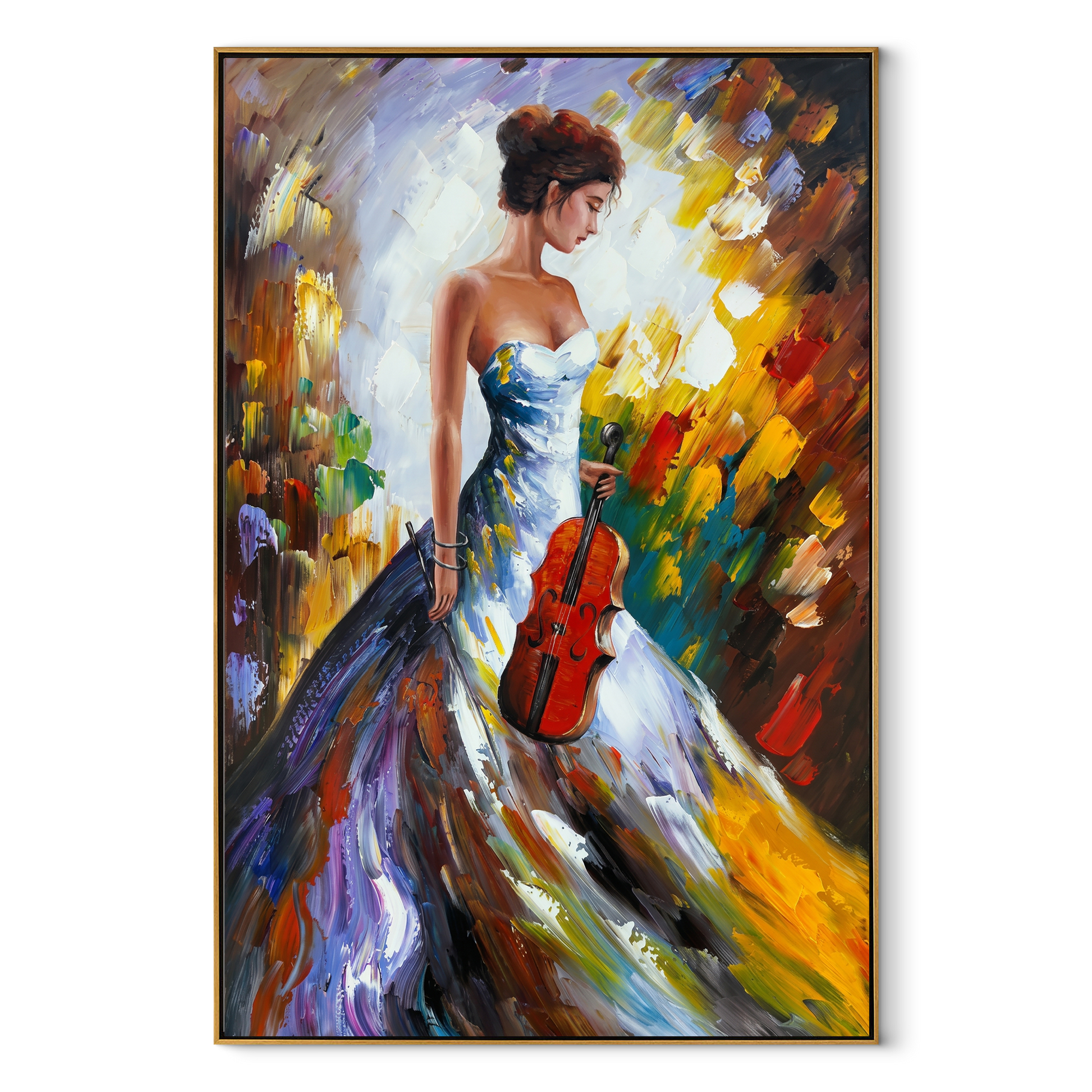Violin Follows Painted Light - colorful woman with violin by Marcus Lau, Retro Modern vertical wall art – wood frame on white background