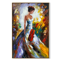 Violin Follows Painted Light - colorful woman with violin by Marcus Lau, Retro Modern vertical wall art – wood frame on white background