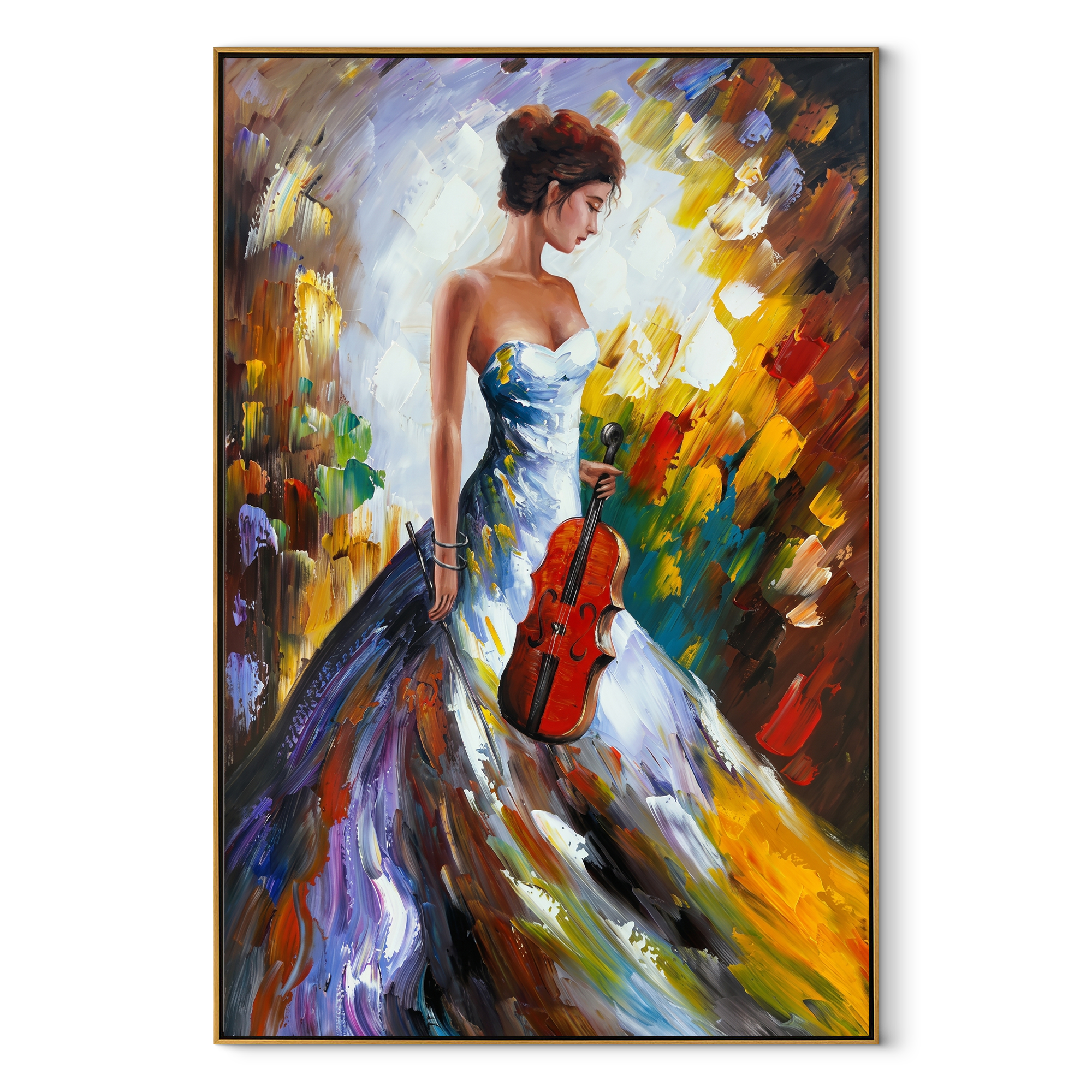 Violin Follows Painted Light - colorful woman with violin by Marcus Lau, Retro Modern vertical wall art – wood frame on white background