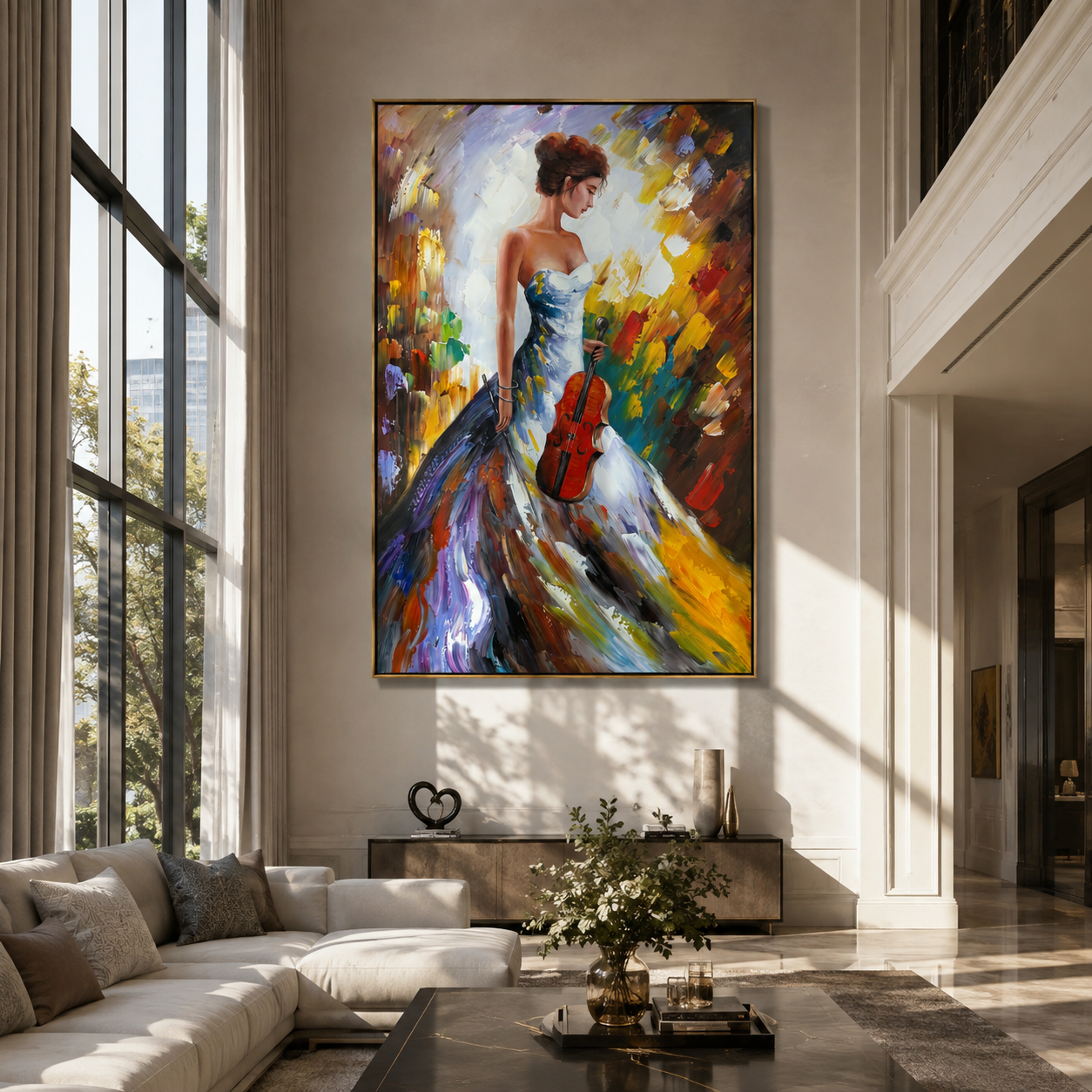 Violin Follows Painted Light - colorful woman with violin by Marcus Lau, Retro Modern vertical wall art – styled room scene view 2