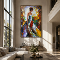Violin Follows Painted Light - colorful woman with violin by Marcus Lau, Retro Modern vertical wall art – styled room scene view 2