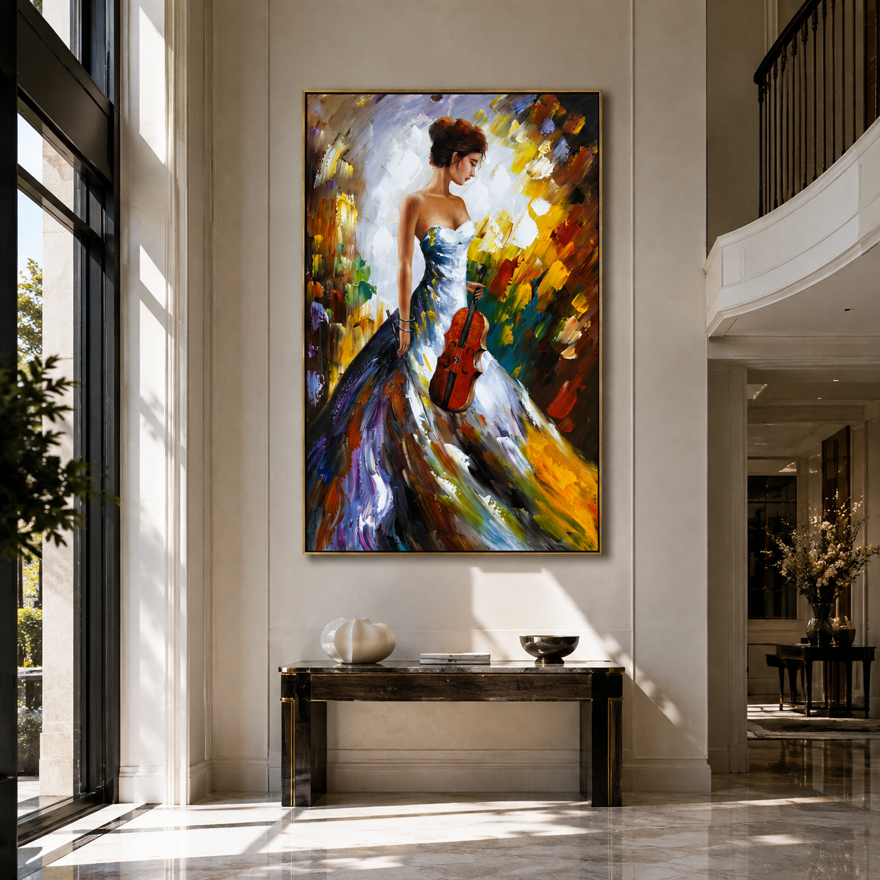 Violin Follows Painted Light - colorful woman with violin by Marcus Lau, Retro Modern vertical wall art – styled room scene view 3