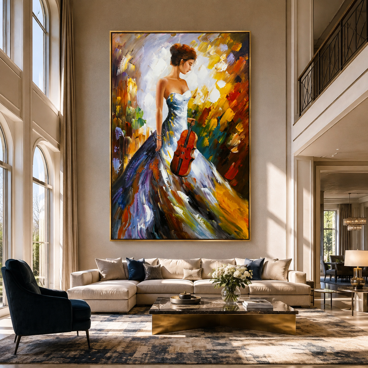 Violin Follows Painted Light - colorful woman with violin by Marcus Lau, Retro Modern vertical wall art – styled room scene view 4