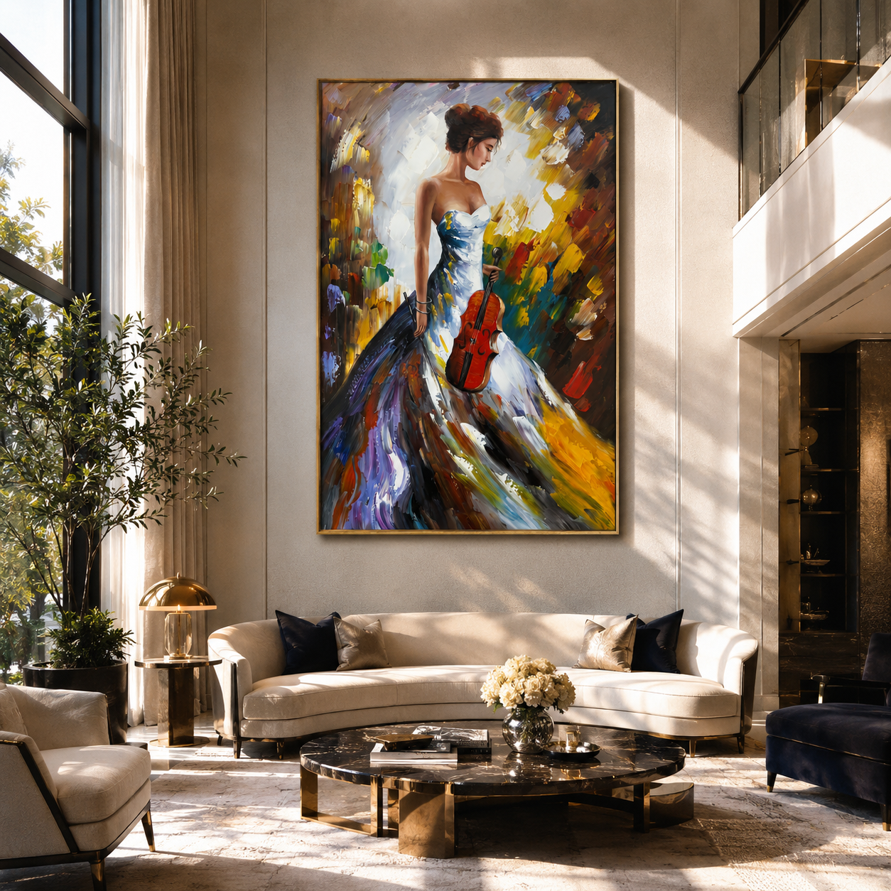 Violin Follows Painted Light - colorful woman with violin by Marcus Lau, Retro Modern vertical wall art – styled room scene view 5