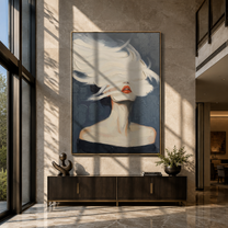 White Brim Becomes Wind - white hat woman by Marcus Lau, Retro Modern vertical wall art – styled room scene view 1