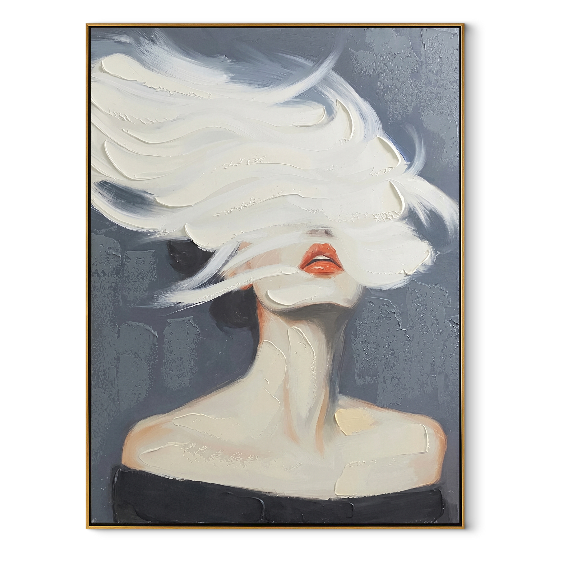 White Brim Becomes Wind - white hat woman by Marcus Lau, Retro Modern vertical wall art – wood frame on white background